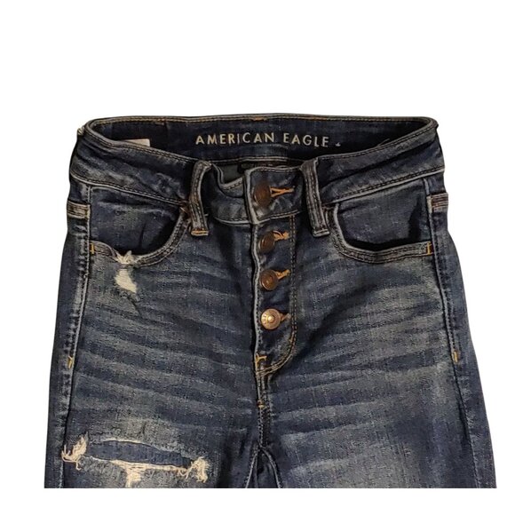 American Eagle High Rise Jegging Women Size 0 Short Dark Wash Stretch Distressed - Picture 9 of 12